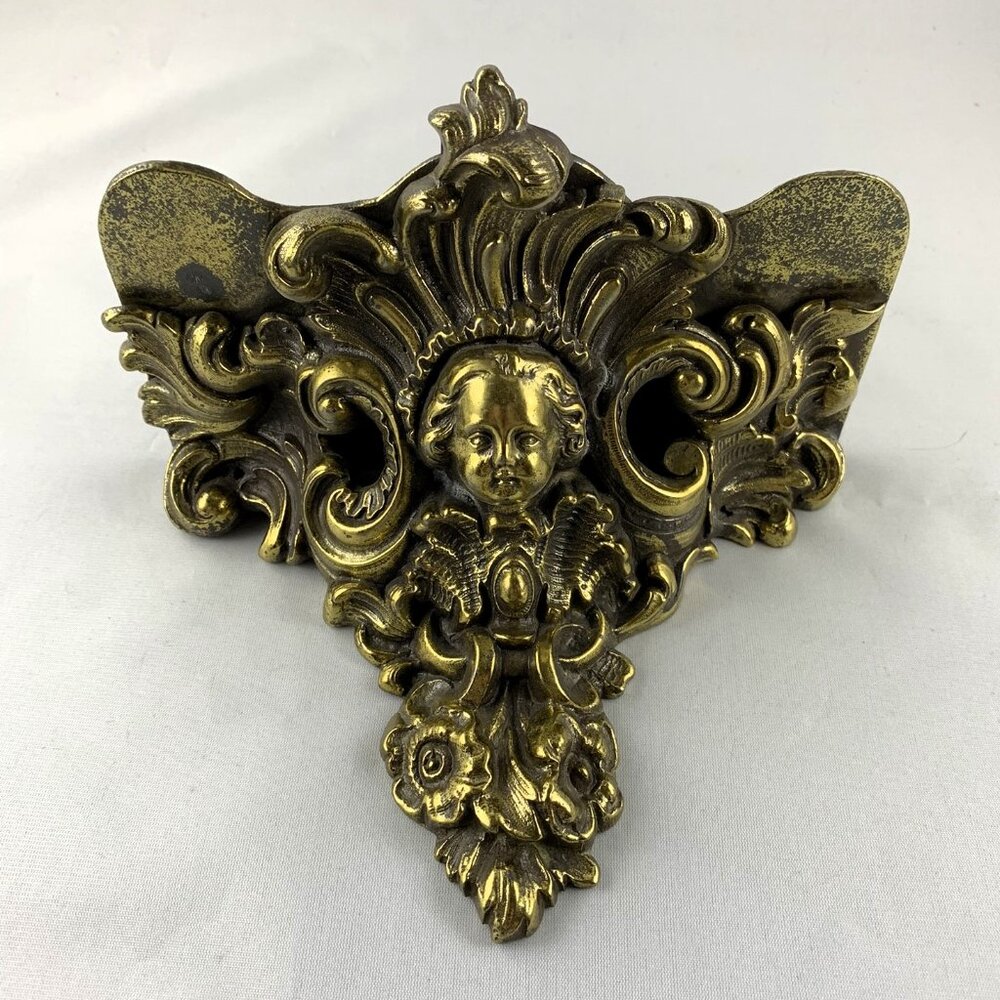 Antique Bronze Cherub Wall Sconce Shelf, Vintage Elegant Ornate Victorian Design